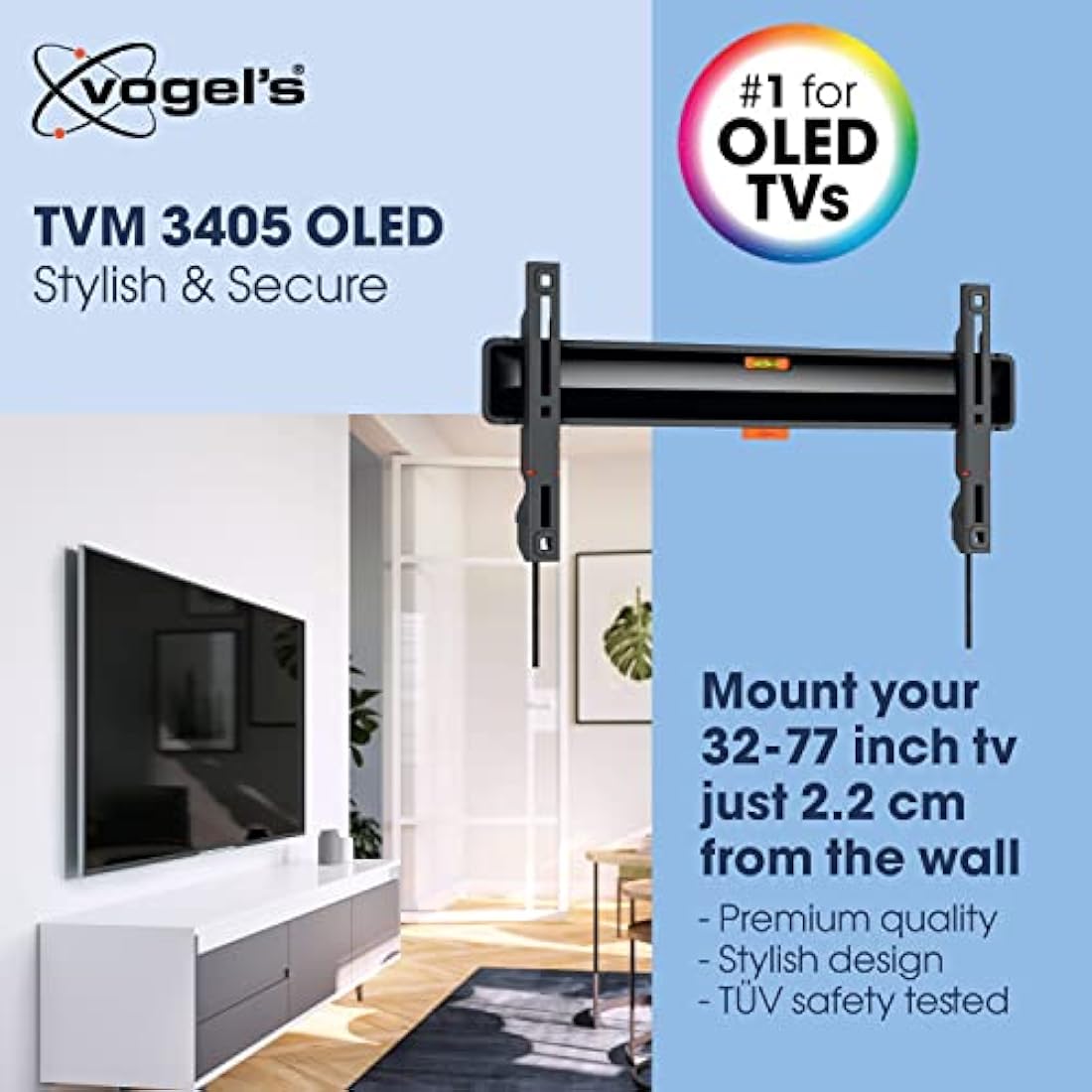 Vogel's TVM 3405SP flat OLED TV wall mount for 32-77 inch televisions, Maximum 50 kg, Maximum VESA 400x200 like the LG OLED B and C series, Distance from wall only 2.2 cm