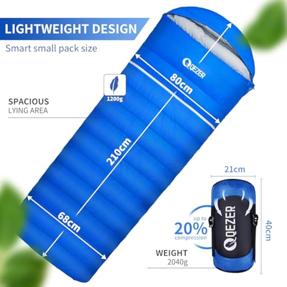 QEZER Down Sleeping Bag,Lightweight Rectangular Winter Sleeping Bag [1180g/1860g] for Adults and Kids 4 Season Camping, Hiking,Warehouse and Moutaineering Outdoor