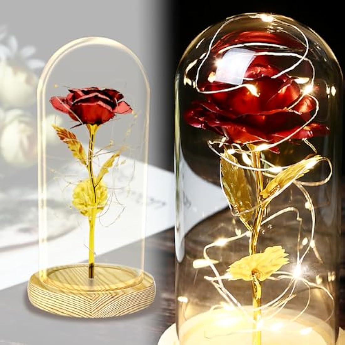 TINYOUTH 24K Red in Glass Dome, Gold Plated Light Up Rose Batteries Included Rose Gifts for Women/Her/Mum Wedding Anniversary Valentines Birthday Xmas