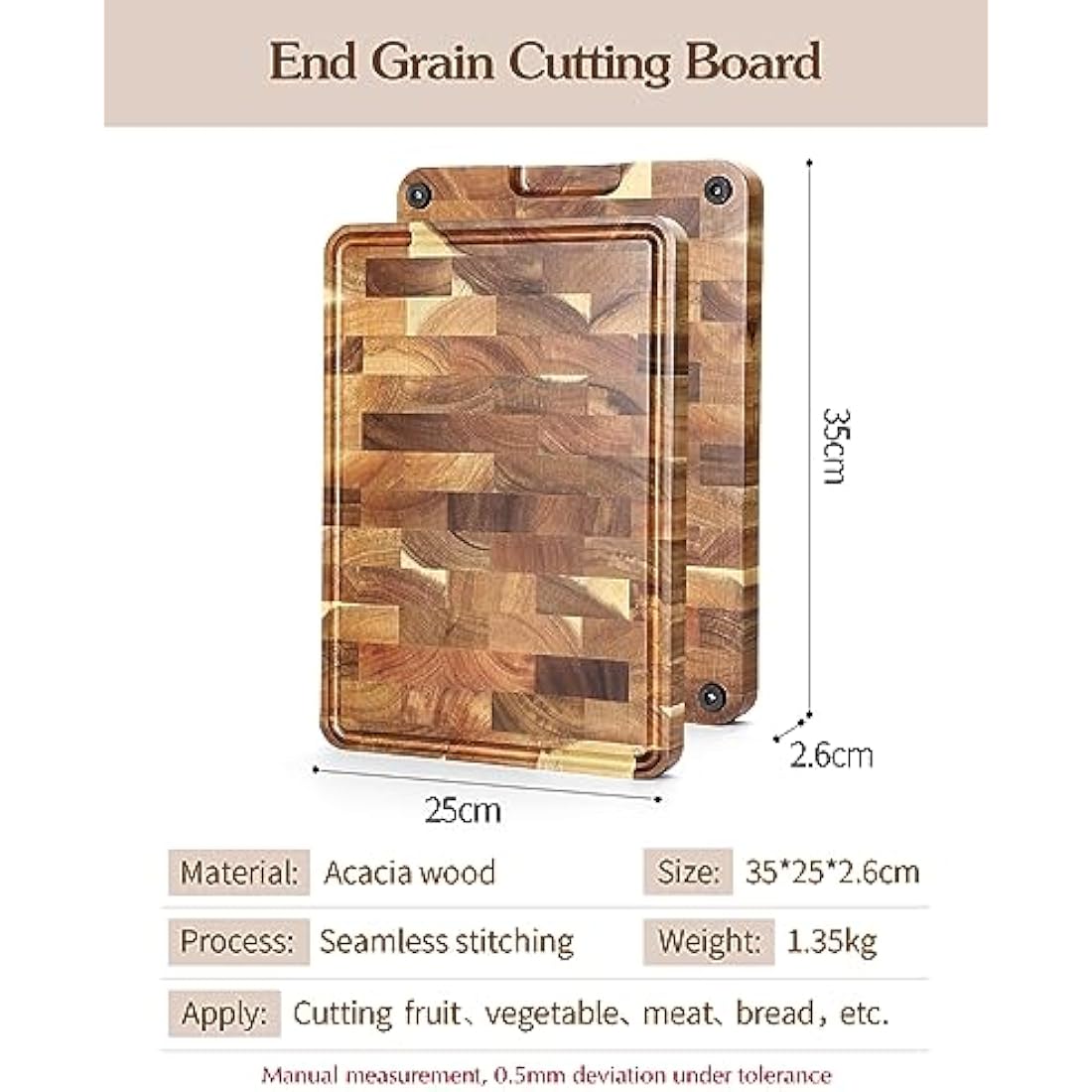 XINZUO Acacia Wood Cutting Board for Kitchen End Grain (13.8''L x 9.8''W x 1''T)-Wooden Chopping Board Meat Cutting Board with Non-Slip Feet, Side Handles and Juice Groove