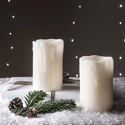 Lights4fun Set of 2 Flameless Dripping Wax Church Pillar Battery Operated LED Candles with Timer