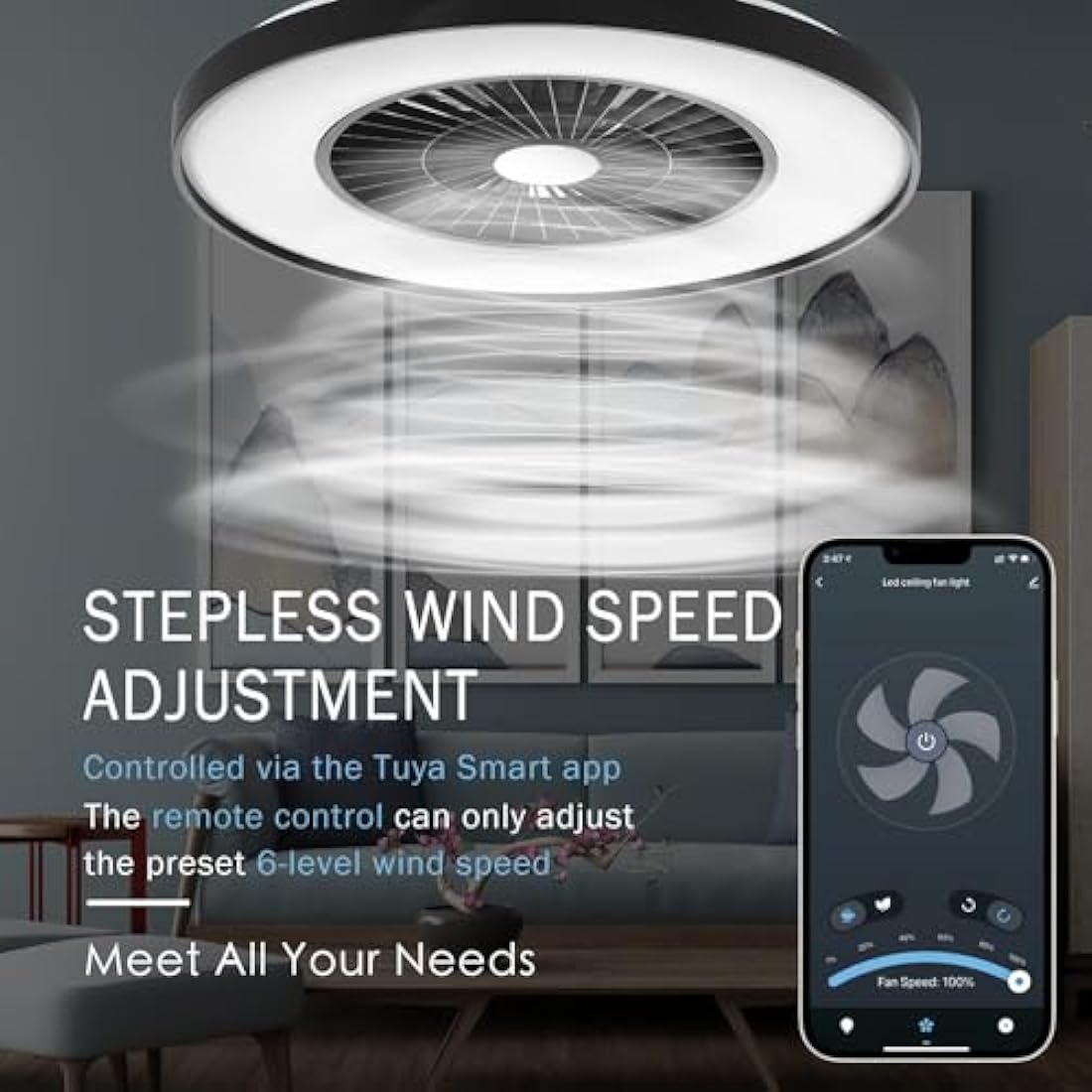 BKZO Smart LED Ceiling Light with Fan, Ceiling Fan Lights Stepless Wind Speed Adjustment, Stepless Dimming Light, Modern Fan Lighting, 3000-5500K, Black Frame