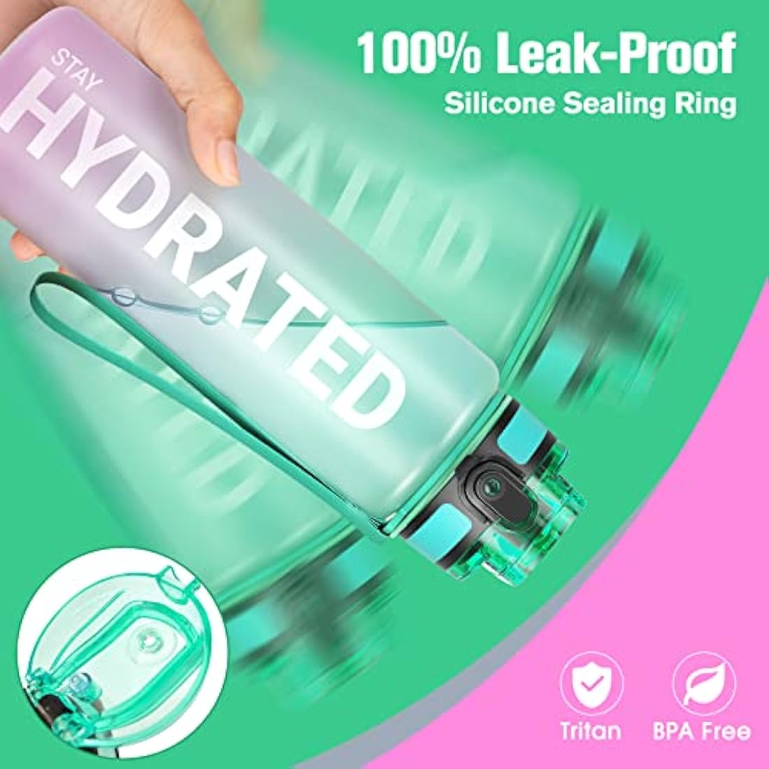 Sahara Sailor Leakproof Water Bottle 1L/500ML/750ML, Tritan BPA Free Motivational Sport Drinks Bottle with Clear Time Marker, Lock Cover, Easy Clean Brush, Durable for Gym, School, Cycling (1 Bottle)