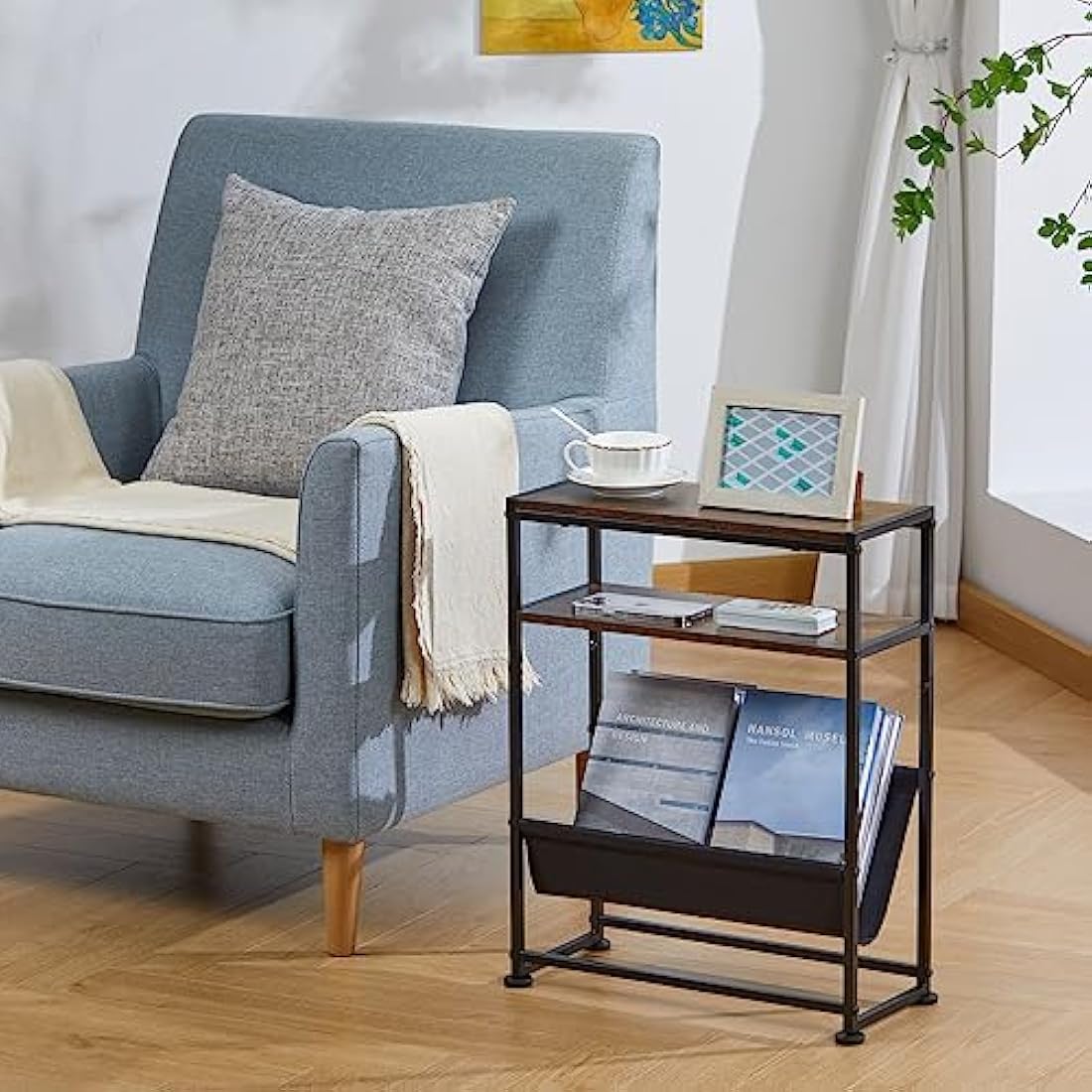 ZEXVIDA Small End Table for Small Spaces - Slim Side Table with Magazine Holder,2 in 1 Design Narrow End Table Living Room,Skinny Bedroom Nightstand Thin Side Magazine Table (Rustic Brown)