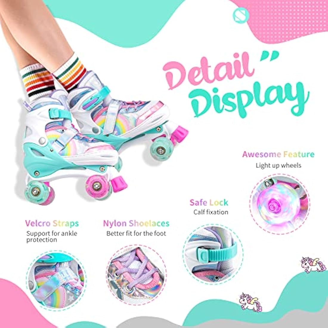 SULIFEEL Adjustable Roller Skates for Kids with Light up Wheels for Girls and Boys Rainbow Unicorn