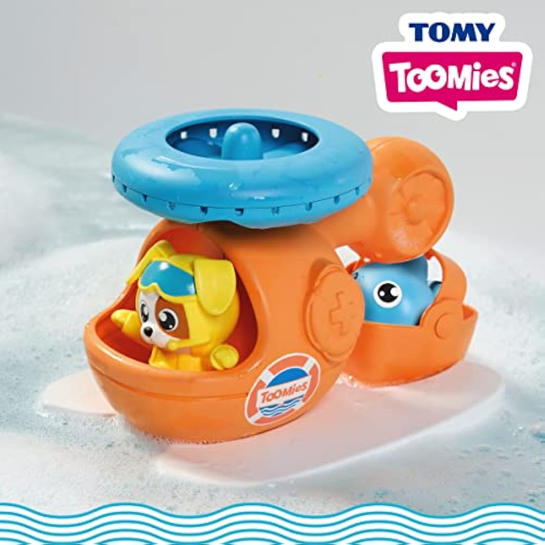 Toomies E73305C Splash & Rescue Helicopter Water Spinning Bath Floating Toy with Squirting Pilot – Rescue Bucket & Dolphin with Pouring Action – Suitable from 12 Months