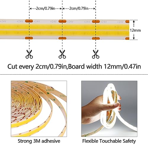 GOMING 32.8ft(10M) DC 24V Double Row COB LED Strip Light Cool White 6000K IP65 Waterproof 6000LEDs CRI 93+ 20000lm Uniform Glow Dotless Flexible LED
