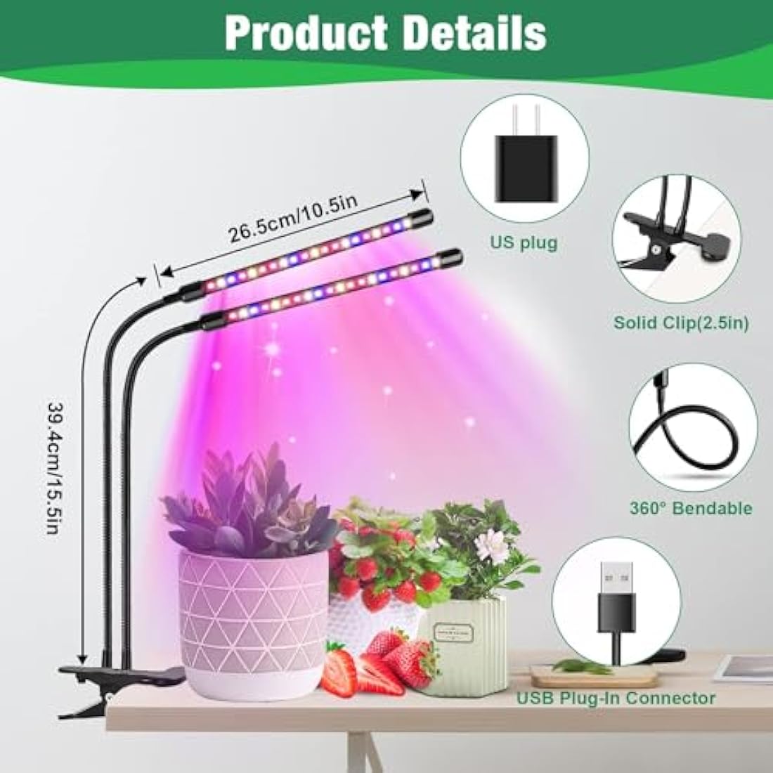 Garpsen Led Grow Lights Full Spectrum, 2 Pack 2 Heads Grow Lights for Indoor Plants, 80 LEDs Clip Plant Light for Seedings, with Auto ON/Off 6/12/16H Timer, 5 Dimmable Levels (460nm/660nm/3000K)