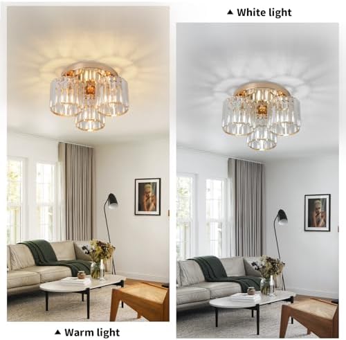 ZYDTRIP Crystal Chandeliers Ceiling Light, 3-Lights Crystal Ceiling Lights Living Room, Modern Gold Semi Flush Light Fittings for Bedroom, Hallway, Bathroom, Foyer, Kitchen Light Fixture