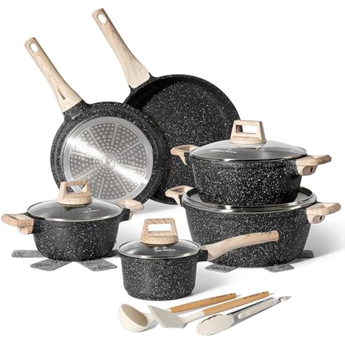 Just Perfecto Pots and Pans Sets Non Stick, Induction Hob Pan Set of 15 pcs, Saucepan Set, Non Stick Frying Pan Set with Lid Stock Pot, Deep Frying Pan, Pots and Pans Set Hob Granite Cookware Set