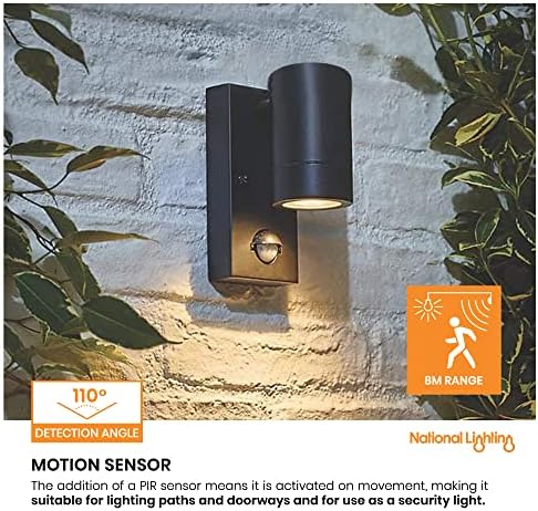 National Lighting PIR Outside Lights - Outdoor Security Lights - Matt Black Motion Sensor Presence Detector External Lantern Light - IP44 Rated 7W 240V LED GU10 Lamp (Not Included)