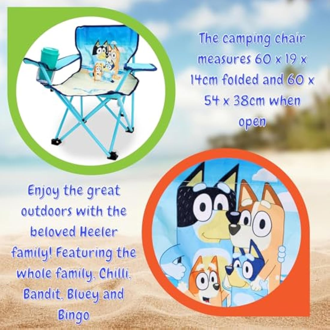 Toyland® Bluey & Bingo Folding Children's Camping Chair With Cup Holder & Storage Bag - Perfect for Camping Trips, Beach & Garden
