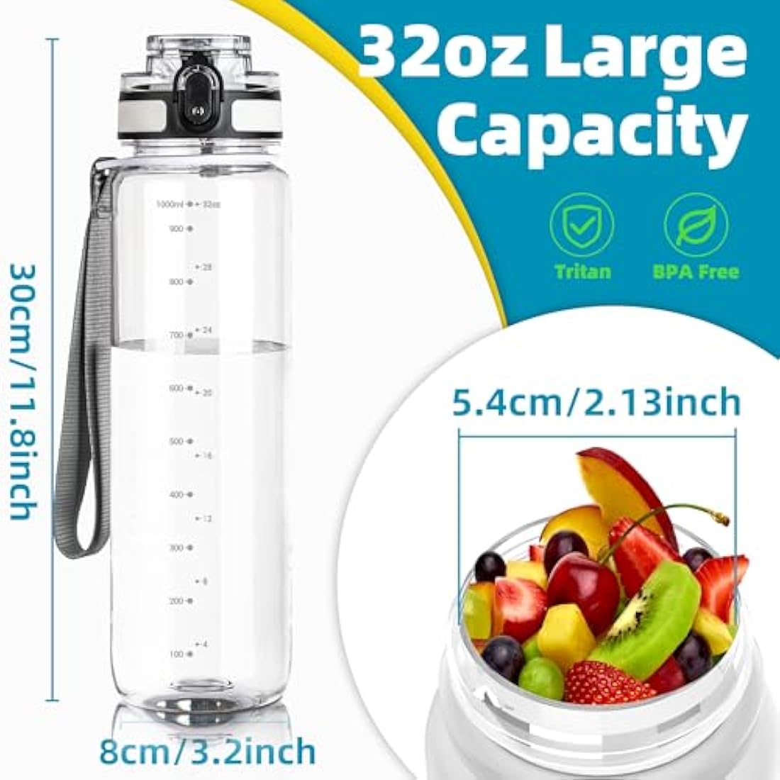 OLDLEY 1L/32oz Sports Water Bottle, 1000ml Motivational Drinks Bottle with Time Markings Leak Proof Drink & Lock Cover & No Straw, BPA Free for Adults Women Men Gym School Cycling Running Hiking
