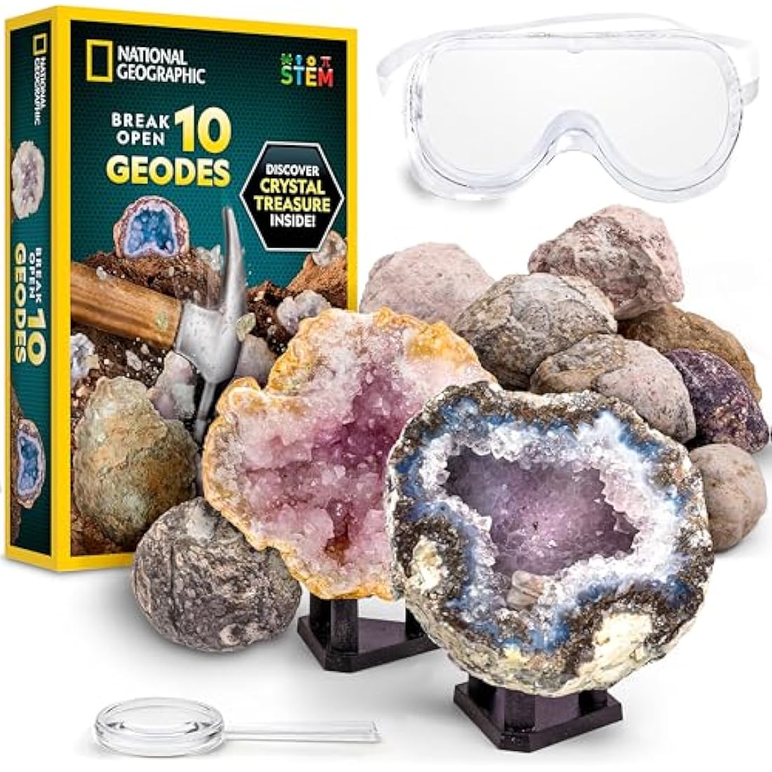 NATIONAL GEOGRAPHIC Break Open 10 Premium Geodes – Includes Goggles and Display Stands - Great STEM Science Kit, Geology Gift for Kids, Geode Crystals, Toys for Boys and Girls