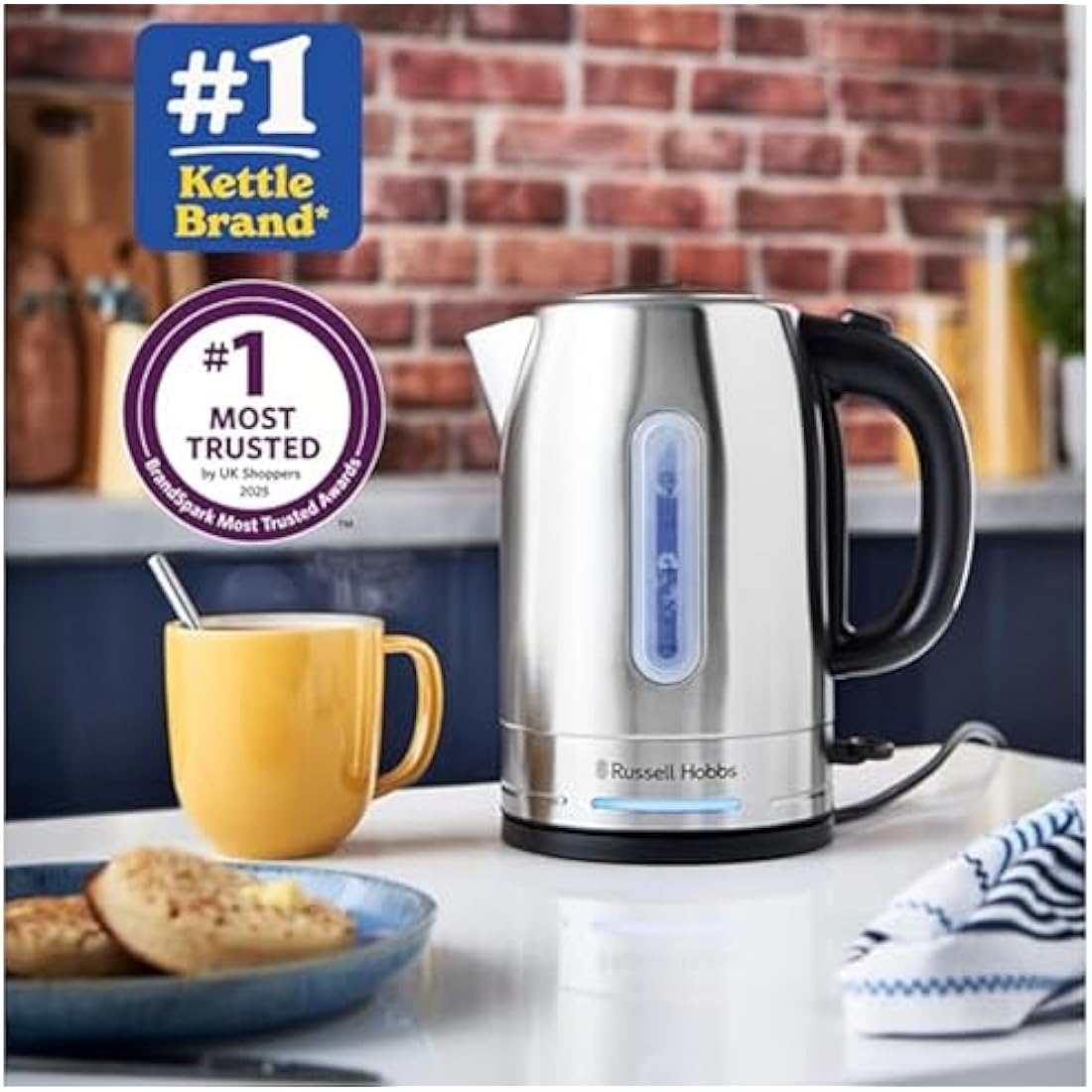 Russell Hobbs Electric Kettle (For Hot Water, Tea or Coffee, 1.7L, Brushed stainless steel, Quiet boil technology, Rapid Boil, Perfect pour) Quiet Boil 26300