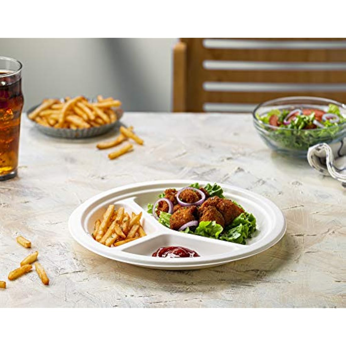 Comfy Package 100% Compostable 10 Inch Heavy-Duty Plates [125 Pack] 3 Compartment Eco-Friendly Disposable Sugarcane Paper Plates