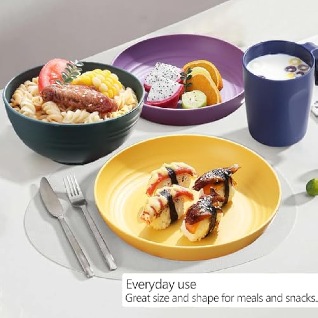 Kyraton Plastic Dinnerware Sets of 32 Pieces Service for 8, Unbreakable and Reusable Light Weight Plates Mugs Bowls Dishes Easy to Carry and Clean Microwave Safe BPA Free Dishwasher Safe