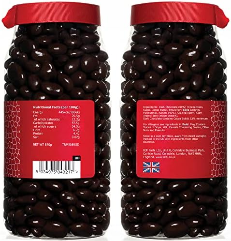 Rita Farhi Dark Chocolate Covered Raisins in a Gift Jar | Vegetarian and Chocolate Gift - Chocolate Coated Fruit - 870 g - New Palm Oil Free Recipe