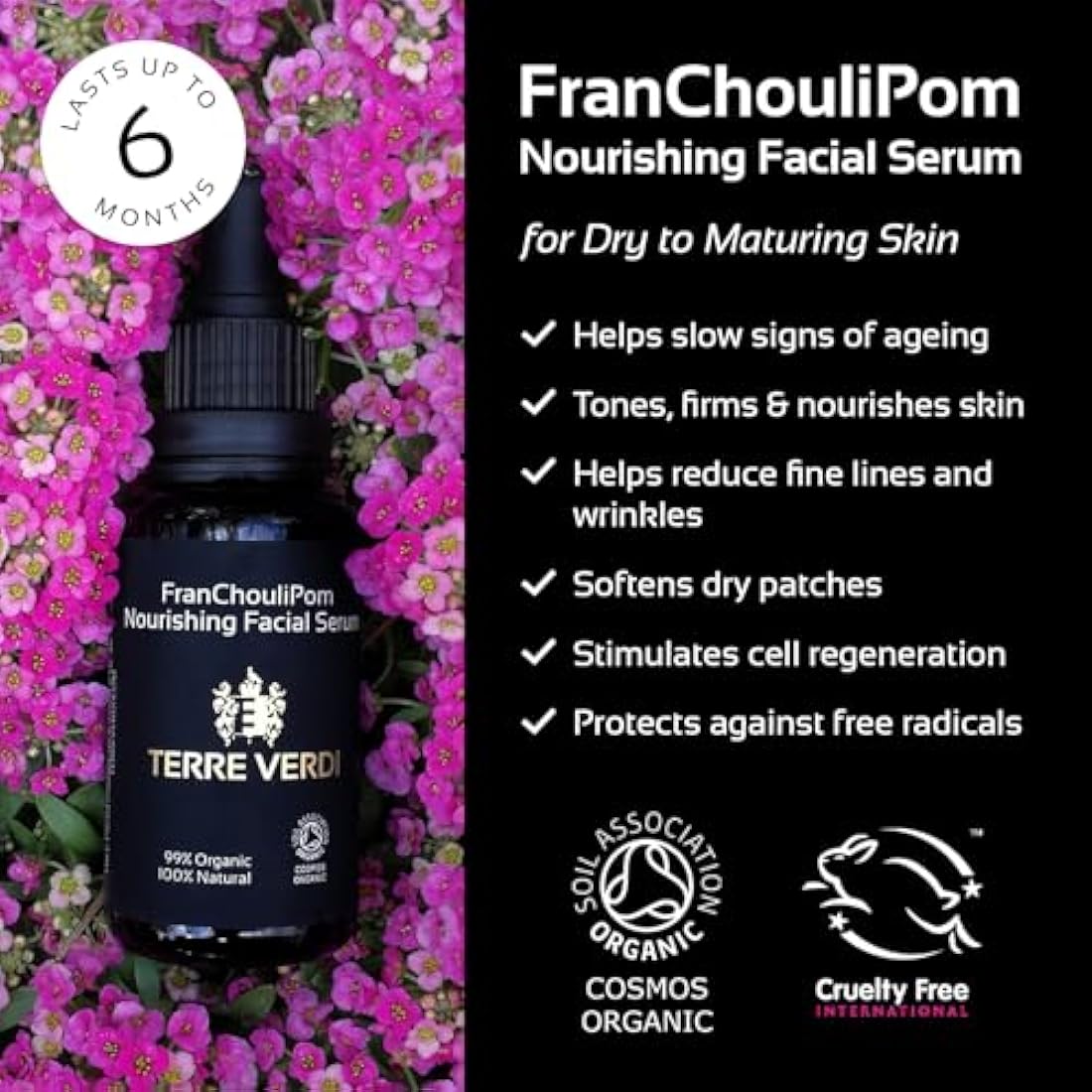 Terre Verdi Certified Organic Face Serum - FranChouliPom - Vegan Facial Serum - Anti Aging Face Serum & Face Oil with Argan Oil, Neroli, Frankincense, Patchouli, Pomegranate Oil - Cruelty Free - 30ml