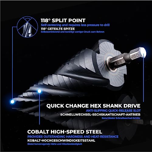toolant Four Spiral Flute Cobalt Step Drill Bit(Pro Max), 4-32mm Impact Ready Four Spiral Flutes Unibit Step Bit, 1/4" Hex Shank Unibit for Metal, Stainless Steel, Aluminum, Wood, Plastic