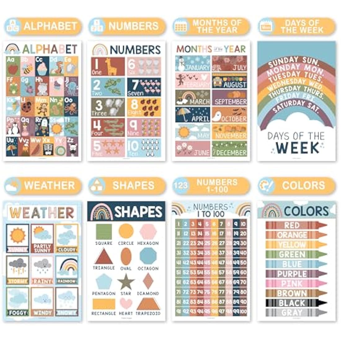 Hadley Designs 16 Boho Kids Educational Posters for Toddlers - Teacher Posters for Classroom Posters Elementary, Pre K Learning Posters for Toddlers 1-3
