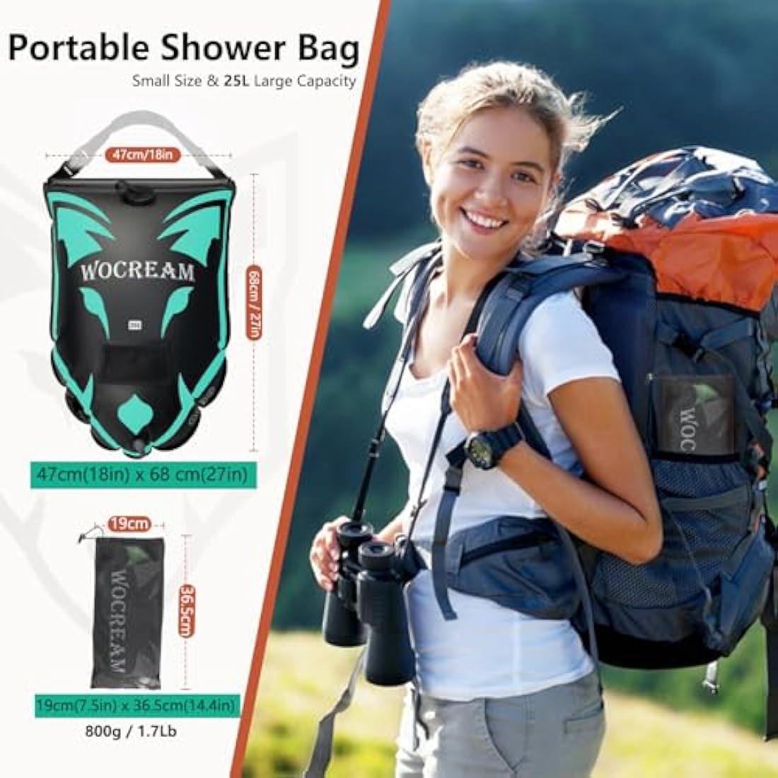 CyConncet Camping Shower Outdoor, 6.6 Gallons/25L Camping Shower Bag, TPU Shower Bag, Large Water Flow, Handheld Shower, Solar Shower, Portable Shower for Camping, Beach, Backpacking