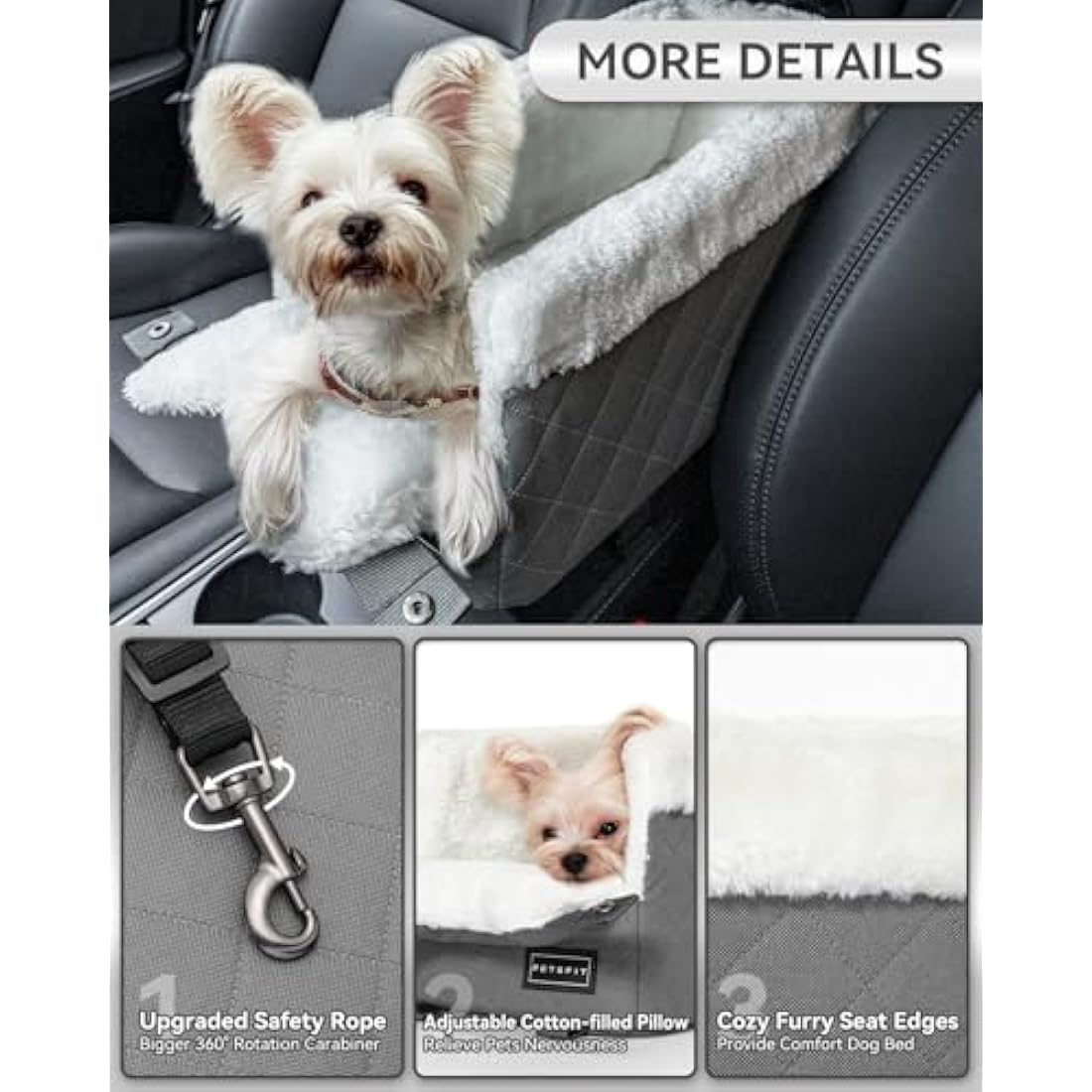Petsfit Dog Car Seat, Center Console Dog Car Seat with Safe Protection Hooks, Pet Car Seat with Upgraded Safety Tethers, Washable Cushion, Console Dog Car Seats for Small Dogs Up to 6KG (Deep Grey)