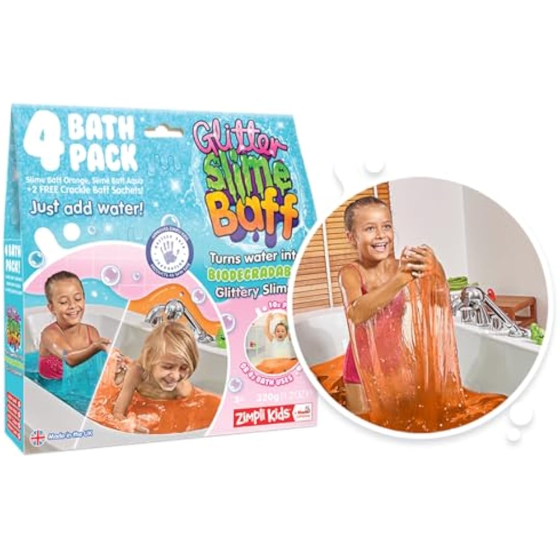 Zimpli Kids Glitter Slime Baff Orange & Aqua, 4 Bath Value Pack, Magically turns water into gooey, glittery slime, 2 x Free Crackle Baff, DIY Slime Kit for Children, Educational Birthday Gift