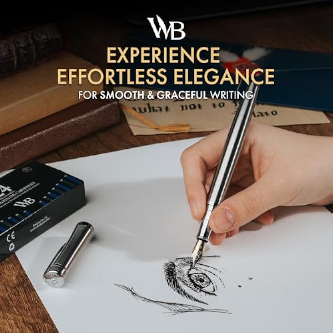 Wordsworth & Black Fountain Pen Set, Extra Fine Nib, Includes 24 Ink Cartridges and Ink Refill Converter Gift Box, Journaling,[Silver Chrome]