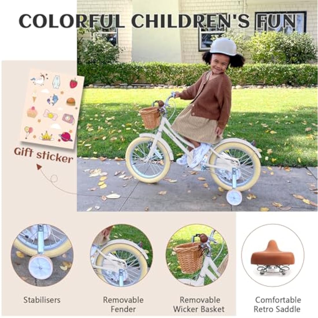 Glerc Little Molly 12 Inch Kids Retro Girls Bike for 2-13 Year Old with Wicker Basket & Stabilisers/Kickstand, Multiple Colors
