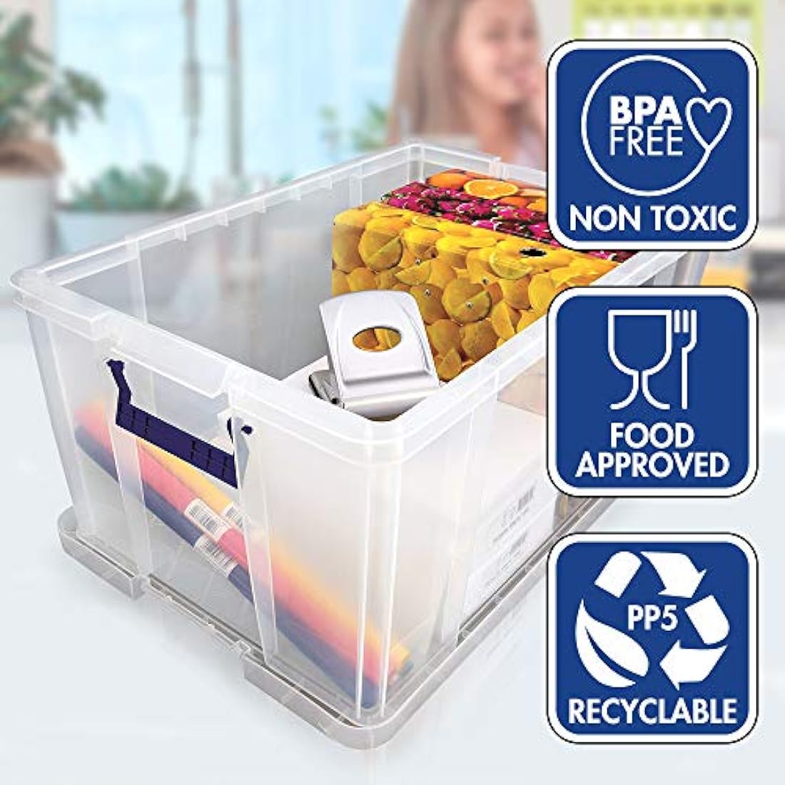 BANKERS BOX Plastic Storage Boxes with Lids, Pack of 3, 2 x 70 Litre + 1 x 85 Litre. ProStore Strong Stackable Plastic Storage Boxes, Made in the UK, Clear
