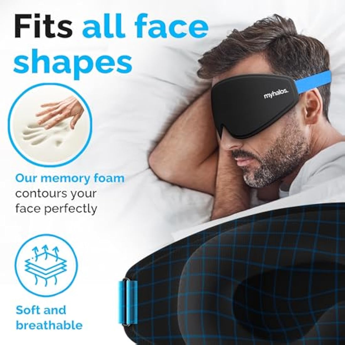 MyHalos® 100% Blackout Sleep Masks for Women & Men - Zero Eye Pressure Eye Mask for Sleeping -Our Halo Sleep Mask Includes a Storage Pouch- Black Eye Mask for Travel or Blindfold