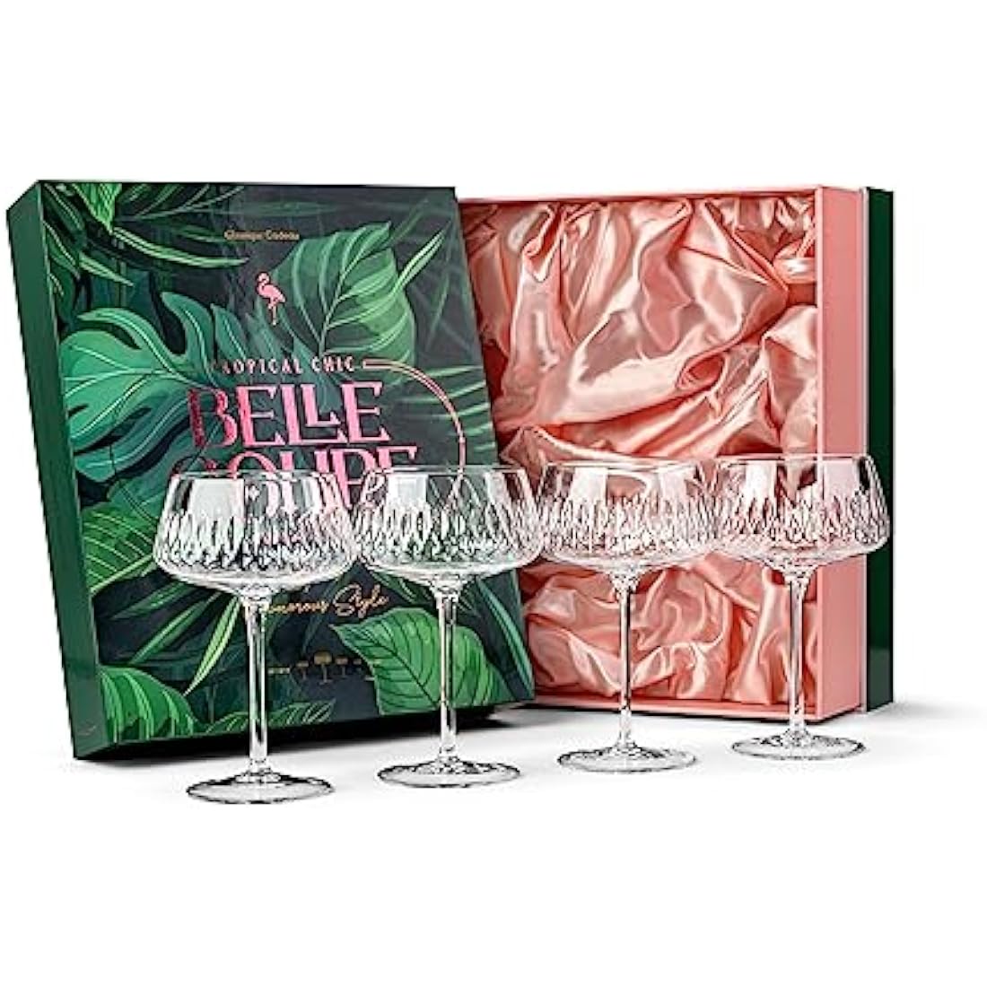 GLASSIQUE CADEAU Vintage Flamingo Belle Coupe Glasses for Cocktails and Champagne | Set of 4 | 340 ml Crystal Retro Style Stemmed Saucers for Elegant Bar Drinks | Tropical Glassware Collection