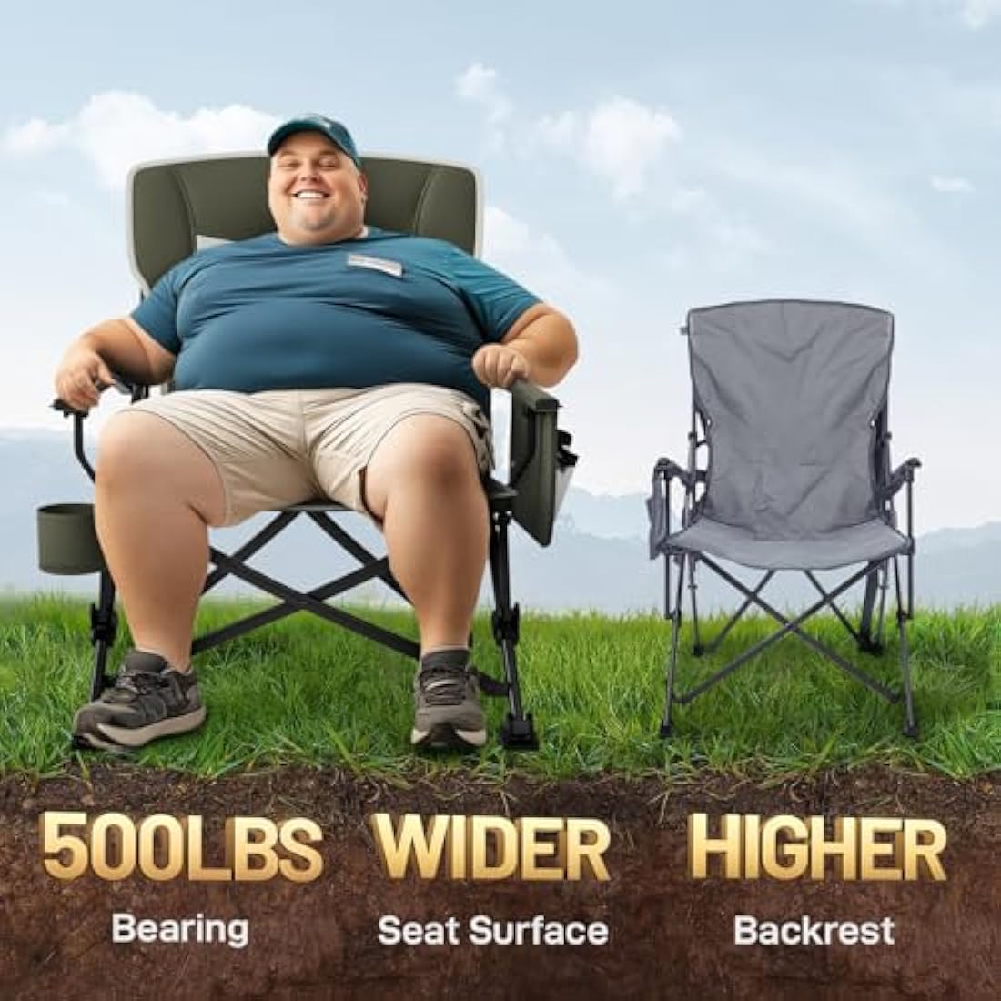 EVER ADVANCED Camping Chair for Adults Oversized 230KG, Folding Chair for Heavy People with Side Pocket, Heavy Duty Extra Wide Garden with Hard Armrest Foldable Fishing Outdoor Green