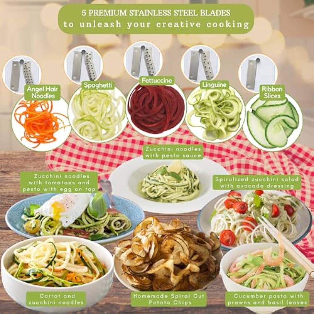 Brieftons 5-Blade Vegetable Spiralizer: Strongest-Heaviest Spiral Slicer, Best Veggie Pasta Spaghetti Maker for Low Carb/Paleo/Gluten-Free/Vegan Meals, with Extra Blade Caddy, 4 Recipe Ebooks