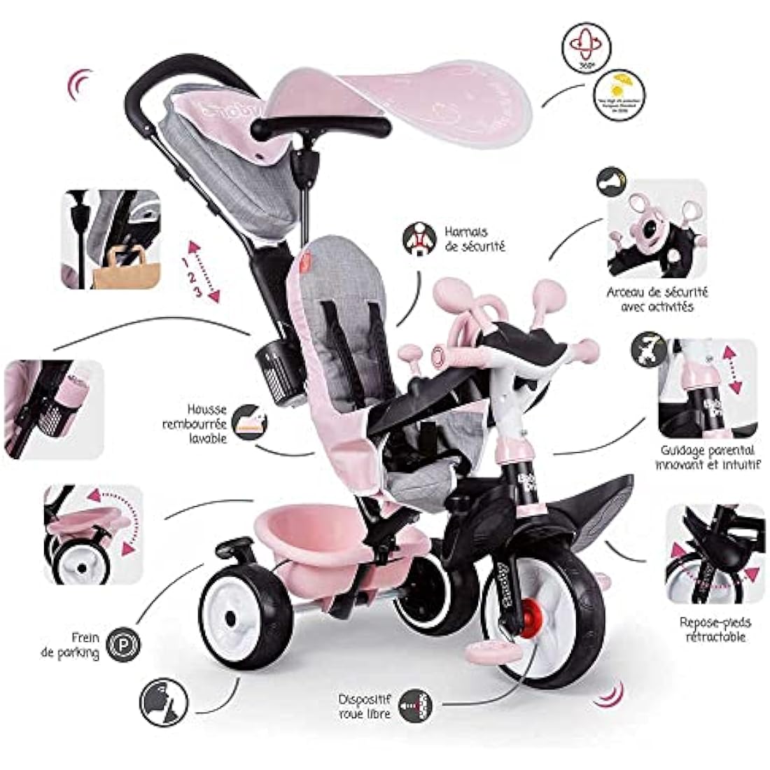 Tricycle évolutif Smoby Baby Driver Plus - Rose