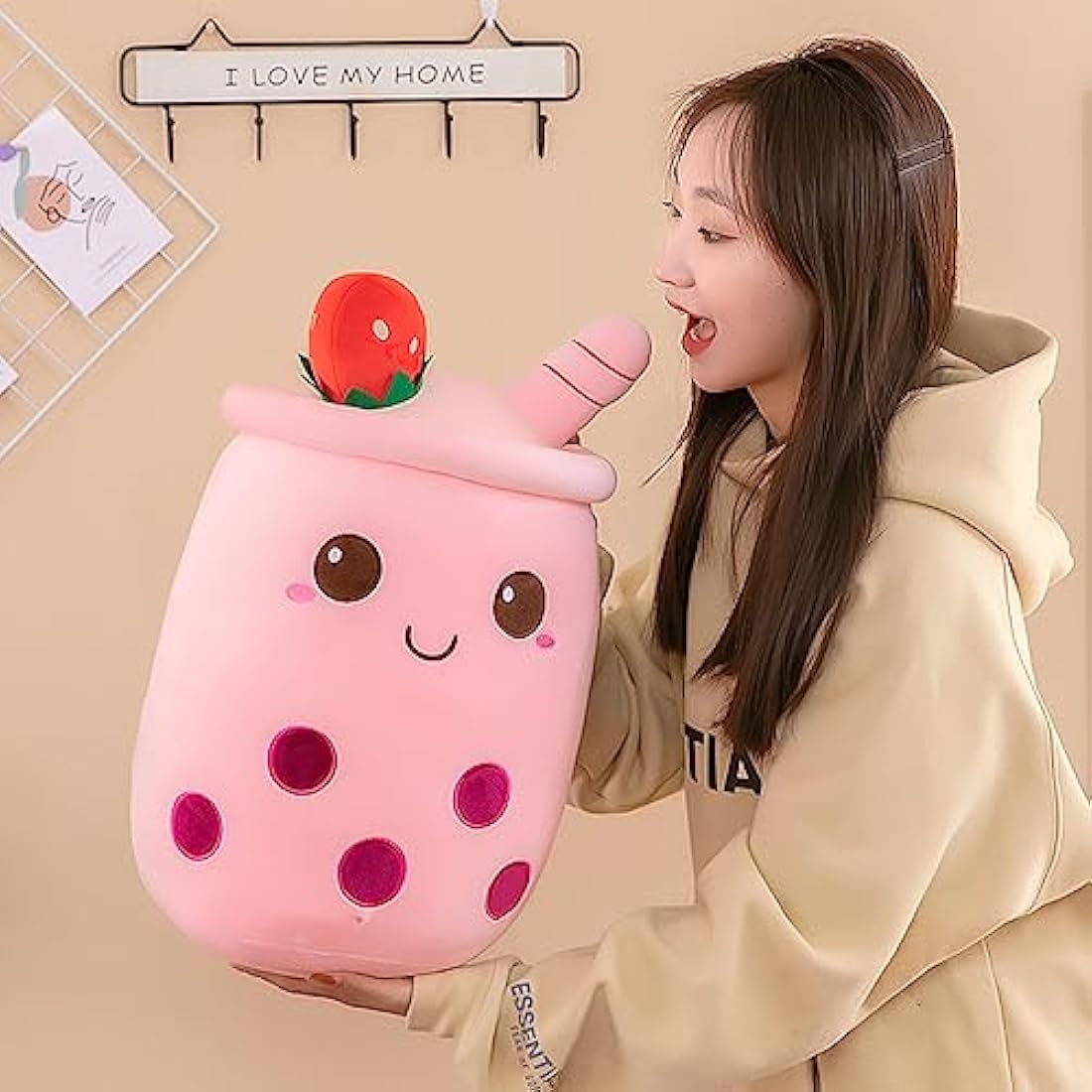 Bubble Tea Plush Boba Stuffed Animal Soft Toys Cute Boba Pillow Plushies Gifts for Kids Adults (Pink, 35cm)