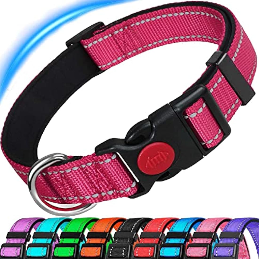 ATETEO Dog Collar, Reflective Adjustable Basic Dog Collar with Soft Neoprene Padding, Durable Nylon Pet Collars for Puppy Small Medium Large Dogs, Hot Pink, M: 13-19.7 inch