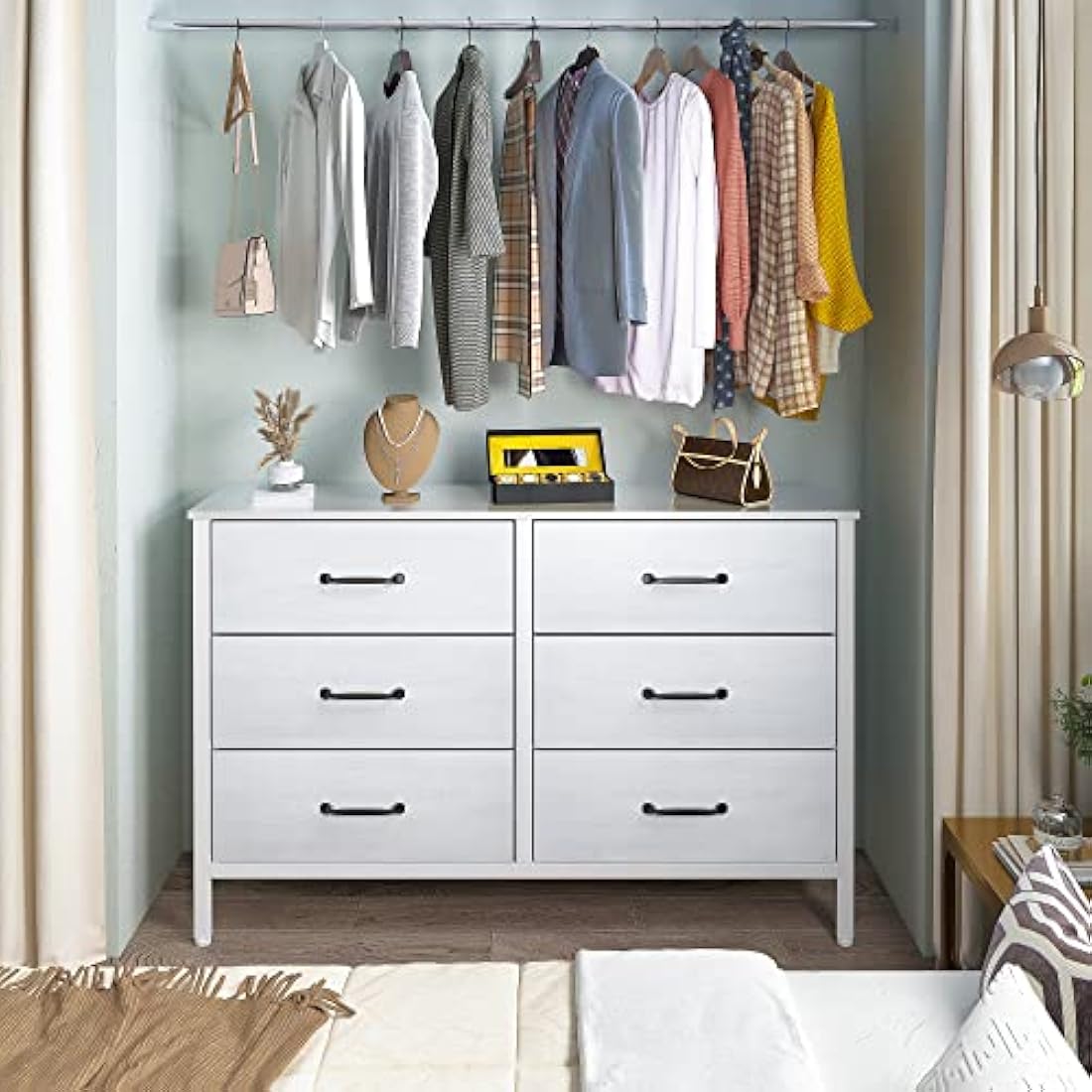 LYNCOHOME Chest of Drawers, TV Unit with 6 Drawers, TV Stand Cabinet with Deep and Large Drawers for Living Room，Bedroom, Sitting Room, White,30D x 110W x 82.5H
