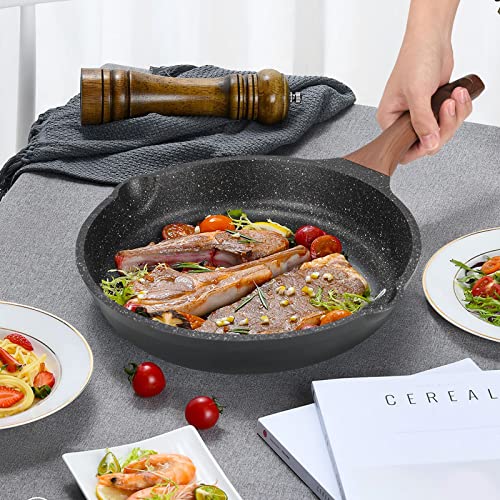 ZUOFENG Nonstick Frying Pan 28cm with Lid, Stone Pans Cookware Granite Coating, Non-Stick Saucepans Omelette Induction Pans