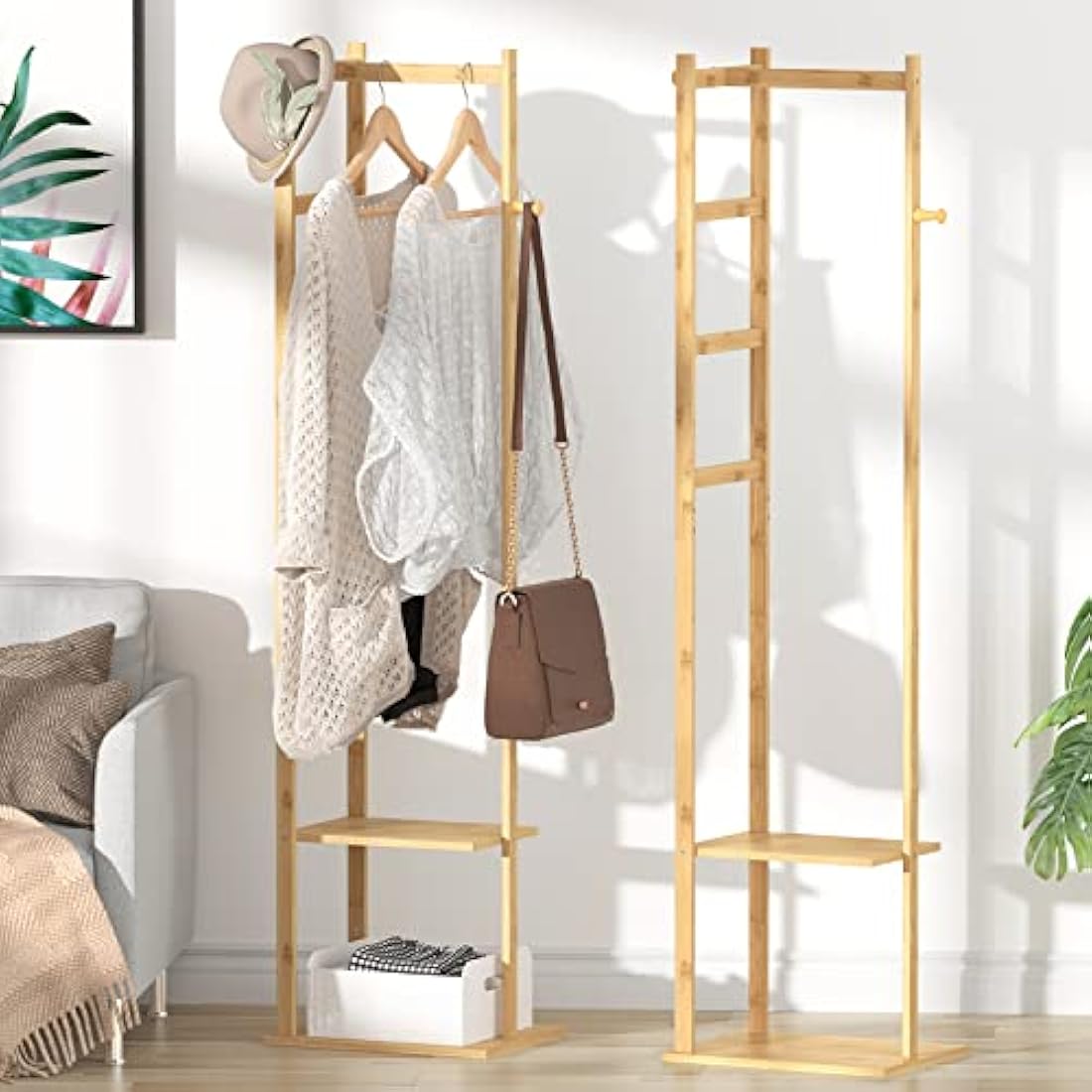 unho Bamboo Clothing Rack, Corner Coat Rack Stand Hall Trees Free Standing Clothes Hanging Rail Garment Rack with 2 Shelves 3 Hanger Hooks and Pants Hanger for Entryway Bedroom Living Room