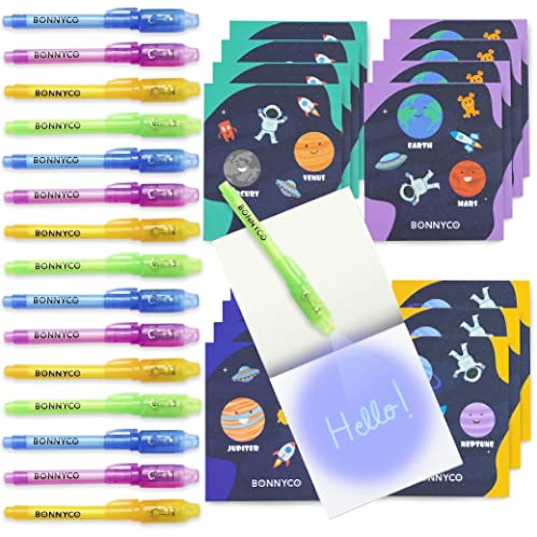 BONNYCO Invisible Ink Pen and Notebook, Pack 16 Space Party Bag Fillers for Kids, Pinata Toys | Birthday Decorations | Stocking Fillers for Kids Birthday | School Prizes, Space and Universe Gifts