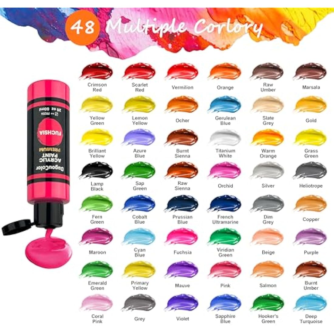 DagouColor 61 PCS Acrylic Paints Set - 48 Colors * 2oz/60ml Art Craft Paint Bottles, 12 Brushes, 1 Palette, Premium Art Supplies Gifts for Artists Kids Beginners on Canvas Rocks Wood Ceramic Fabric
