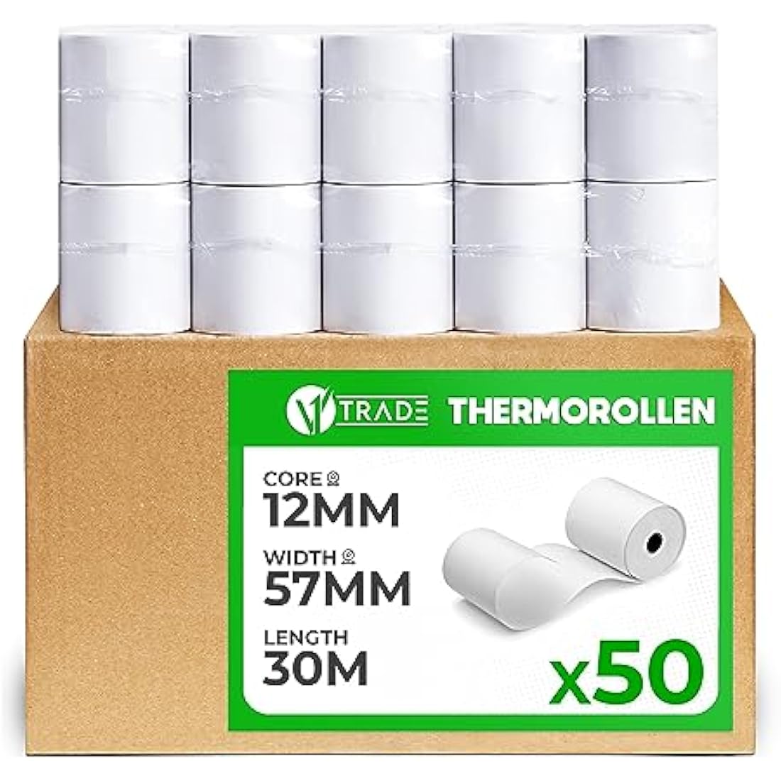 V1 Trade Thermal Rolls 57 mm x 30 m x 12 mm (Pack of 50) – Till Rolls 57 mm Thermal for Cash Register – EC Rolls Made of Thermal Paper 42 g/m² – Receipt Rolls Thermal 57 mm for Receipt Printers