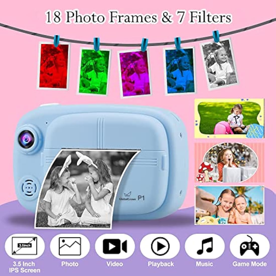 GlobalCrown Kids Camera Instant Print,3.5 Inch Screen Video Child Digital Kids Instant Camera Photo Gifts for Boys Girls (Included 4 Rolls of Printing Paper and 32GB Card)