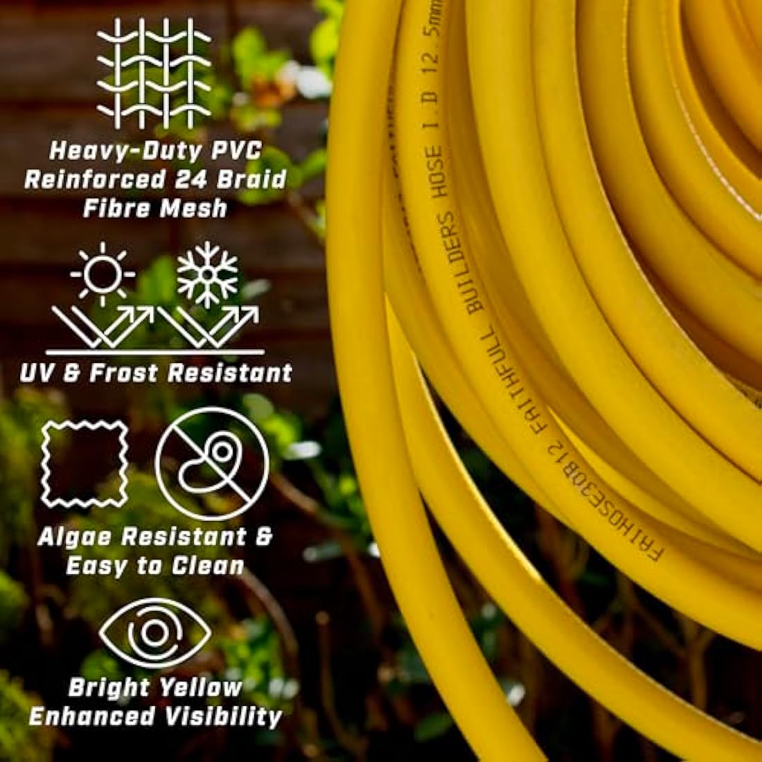Faithfull Heavy-Duty Reinforced PVC Builders Hose 30M (98ft) 12.5mm (1/2in) Diameter – 24 Braid Fibre Mesh, Kink & Twist Resistant Hose Pipe