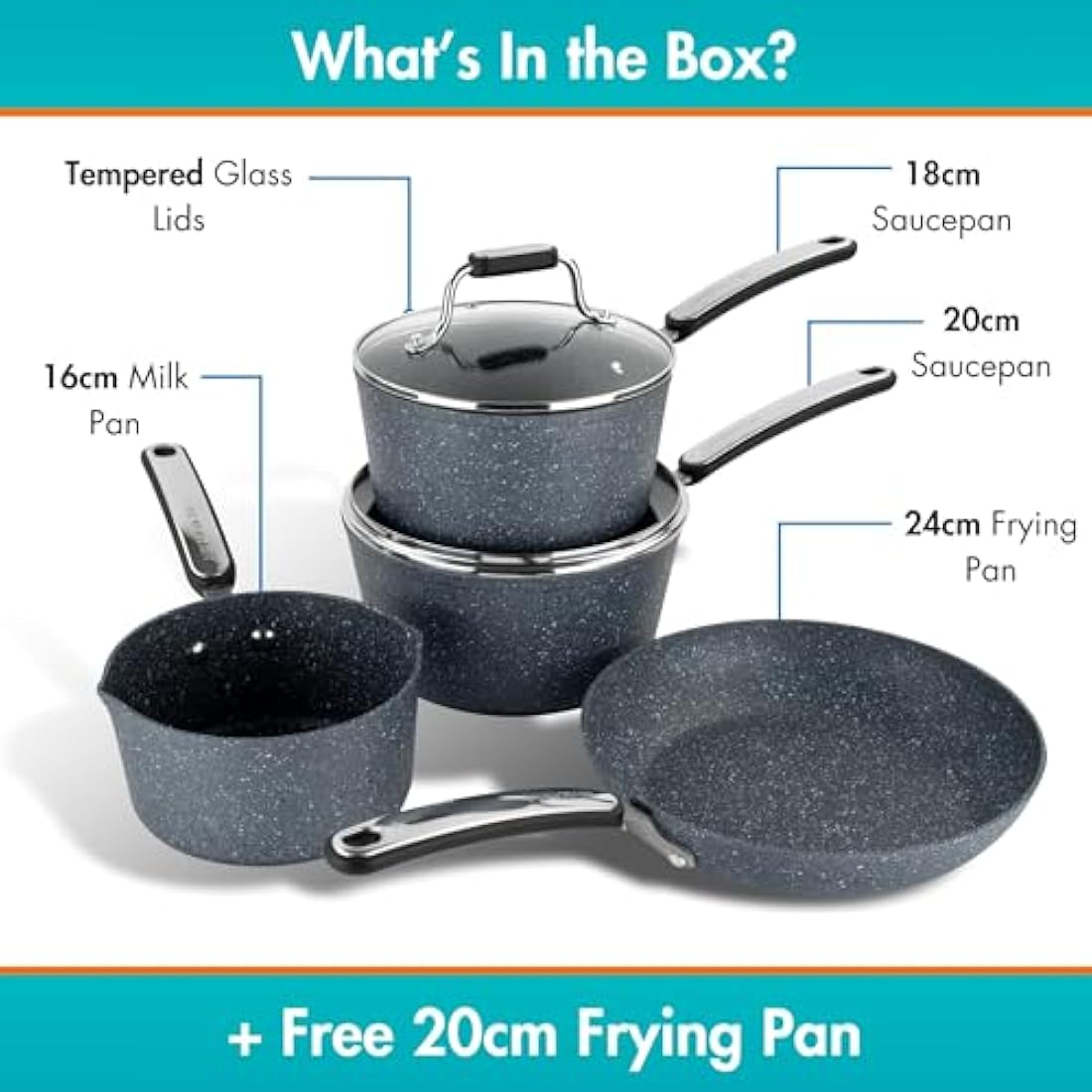 Scoville Expert Neverstick+ 4+1 Piece Cookware Set - Non-Stick Pans Set, 16cm Milk Pan, 18/20cm Saucepans, 20/24cm Frying Pans, Suitable for All Hobs, PFOA Free, Dishwasher Safe, Aluminium, Grey