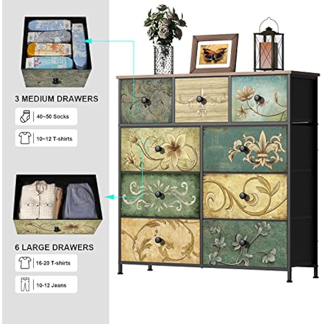 VEDECASA Dresser with Drawer for Bedroom with 9 Fabric Drawers Retro Floral Pattern Chest of Drawer Dresser for Living Room Nursery Entryway Closet Wood Board Metal Frame