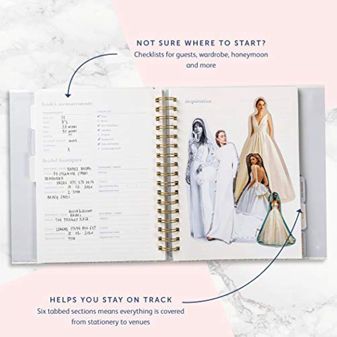 Busy B Wedding Planner - Beautiful white & gold spiral-bound wedding organiser with 6 tabbed sections and storage pockets. Perfect engagement gift.