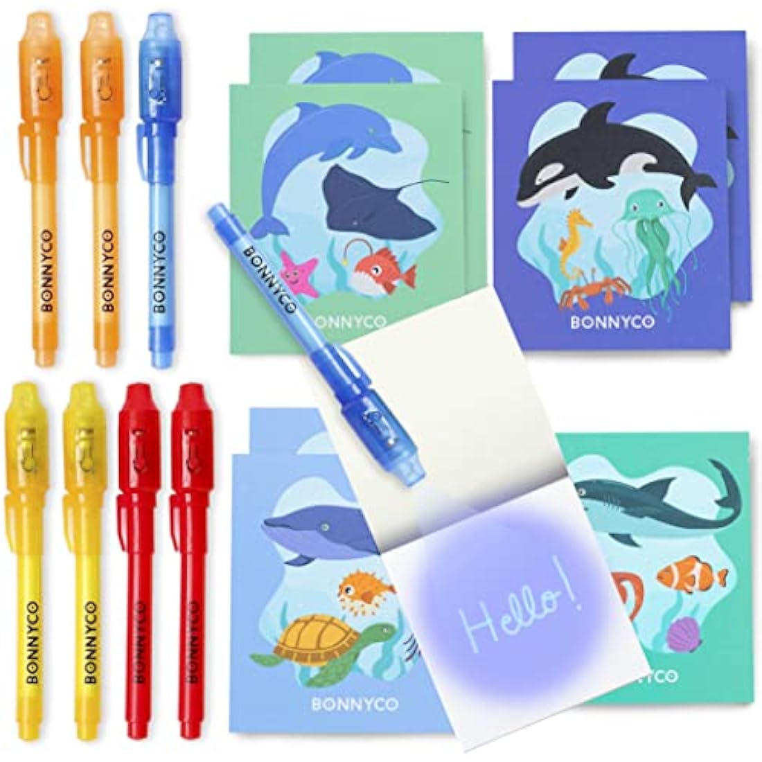BONNYCO Invisible Ink Pen and Notebook, Pack 8 Sea Animals Ocean Party Bags Fillers, Pinata Toys | Birthday Decorations | Stocking Fillers for Kids Birthday | School Prizes, Gifts for Children